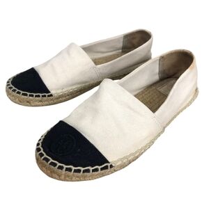 Tory Burch Black and Cream Canvas Espadrilles